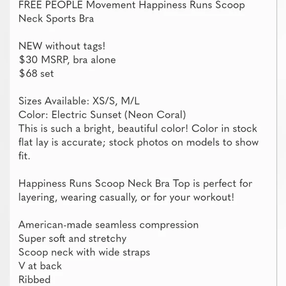 🔥 NWOT!! 🔥 Free People Happiness Runs scoop neck sport bra Size M/L - Picture 11 of 12